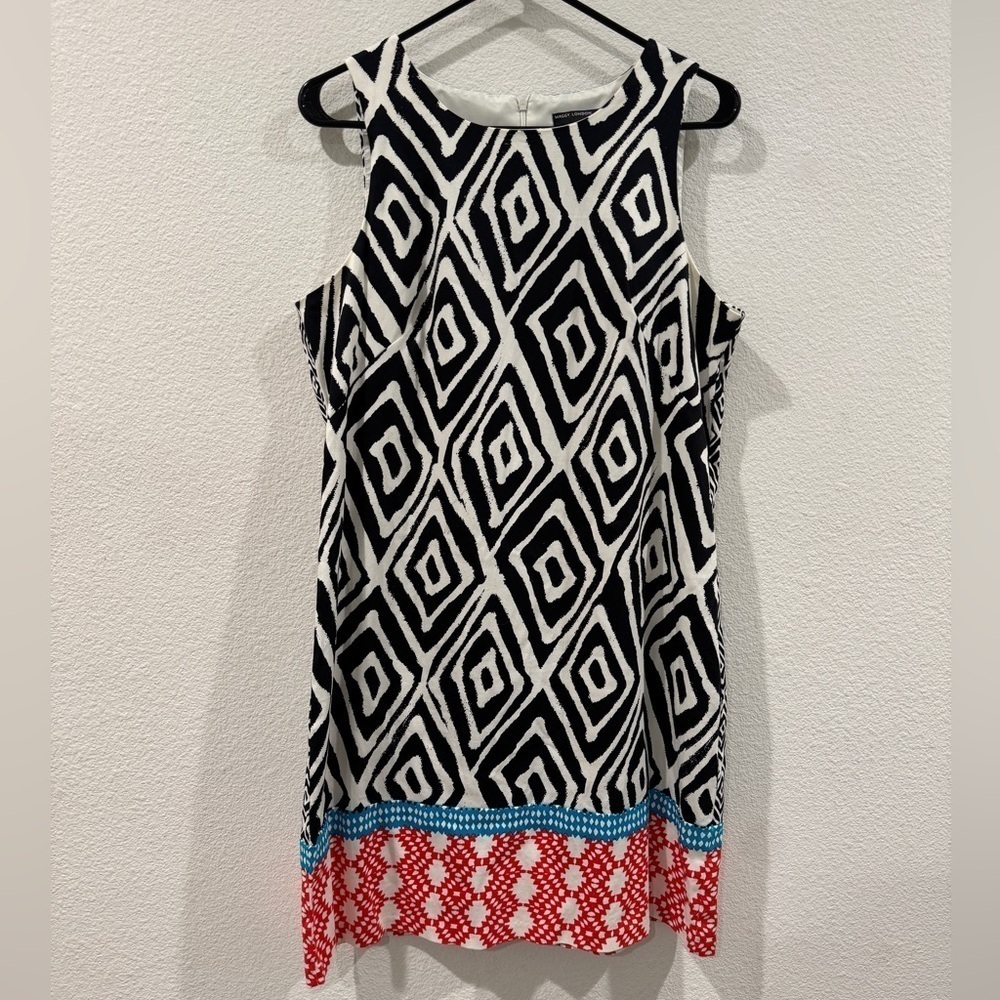 Maggy London Sheath Sleeveless Black White Red Blue Geometric Dress Size 12